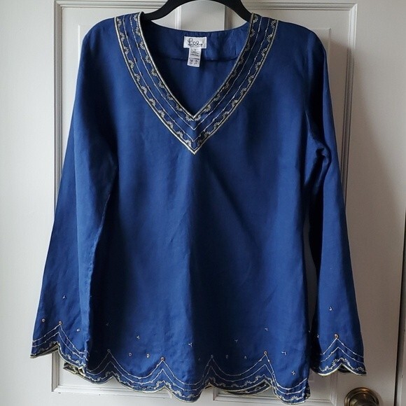 LILLY PULITZER NAVY BLUE GOLD BEADED LINEN TUNIC SIZE MEDIUM - Picture 2 of 10